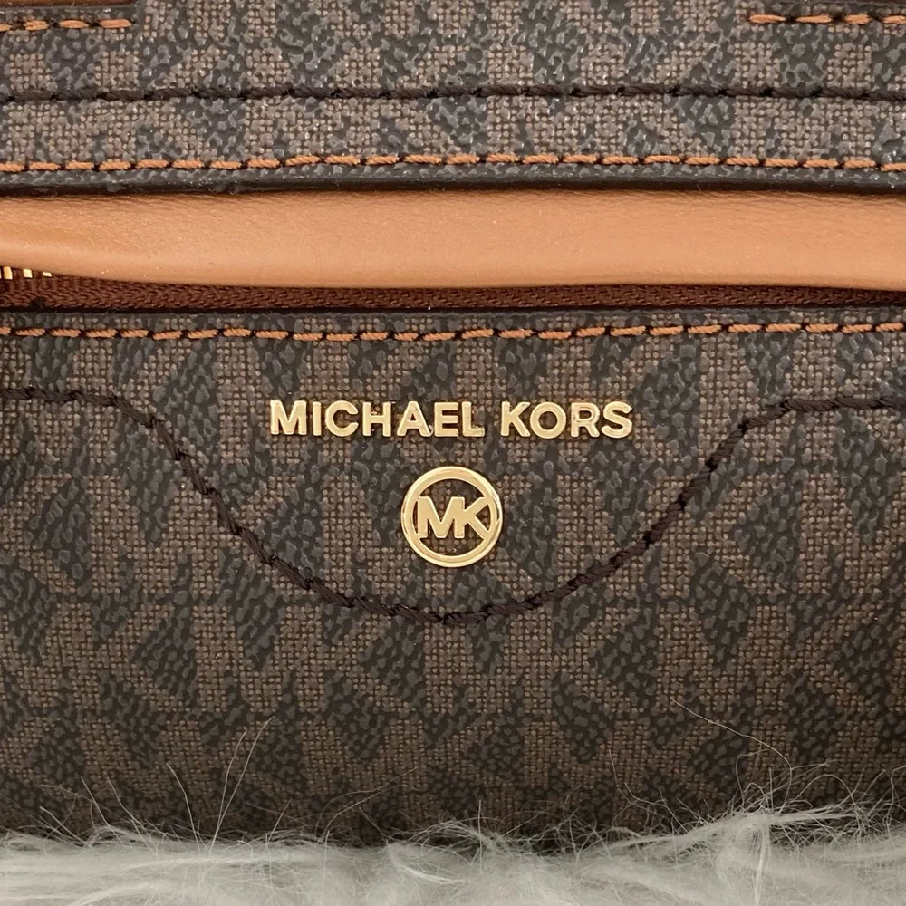 Michael Kors Carine Brown Monogram XS Satchel Crossbody Bag.